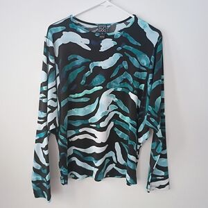 Clara Sun Woo Abstract Zebra Print Top Teal Black Travel Knit Made in USA Small